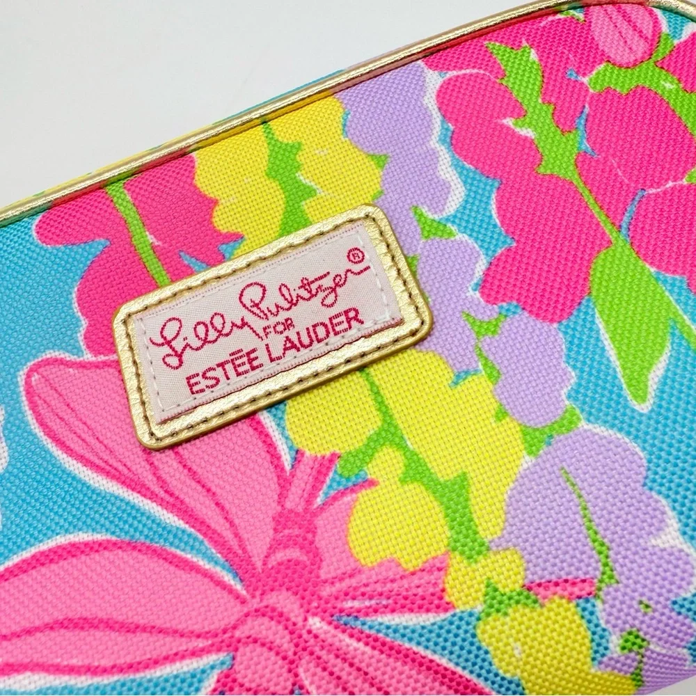 Lilly Pulitzer x Estee Lauder Blue Pink Cosmetic Makeup Bag 2 Travel Containers